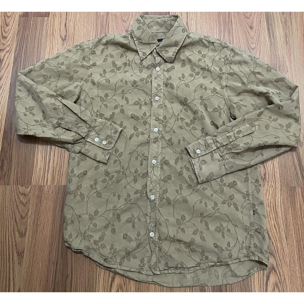 BOSS Hugo Boss Button Up Shirt Men Large Beige Floral Embroidered Cotton Cupro